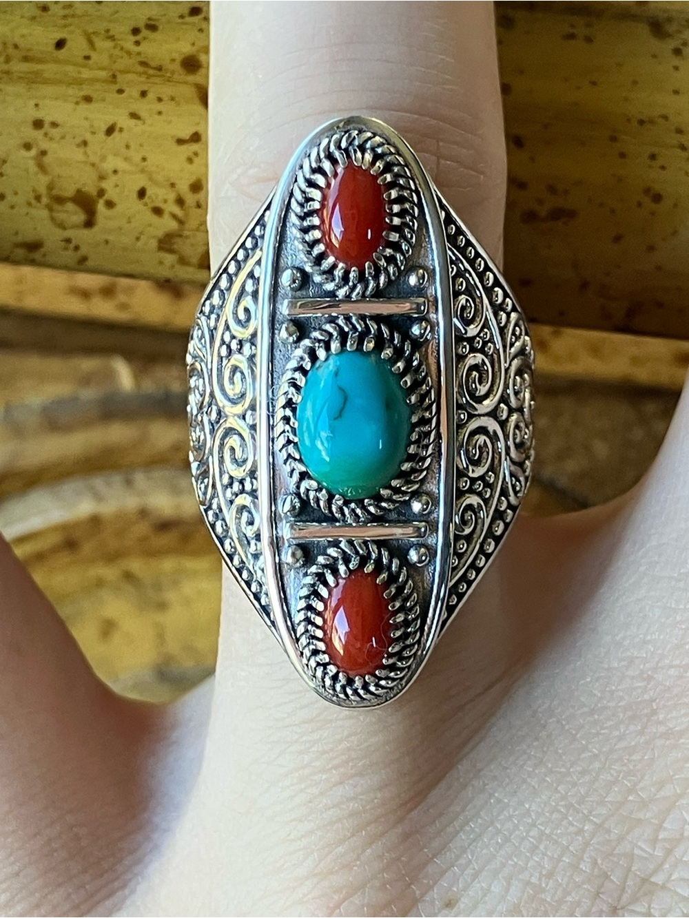 Blue Moon Turquoise Coral Sterling Silver Ring Size 6